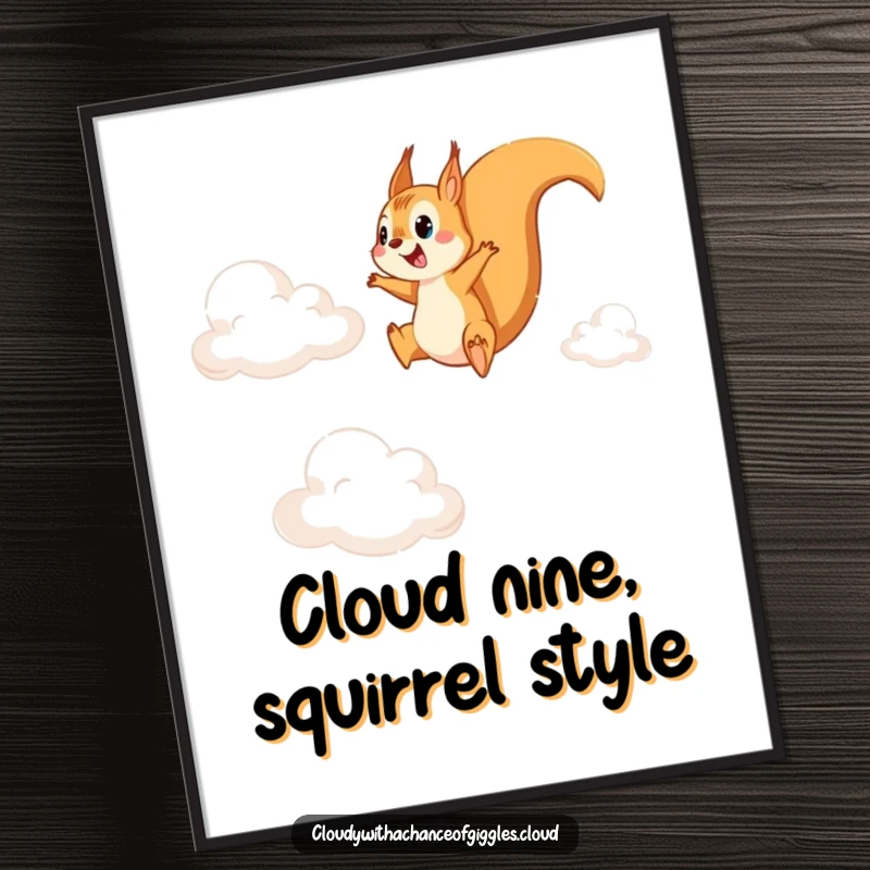Funny Free Printable Wall Art: A squirrel fearlessly leaping between cirrus clouds, offering downloadable humor and dynamic energy.