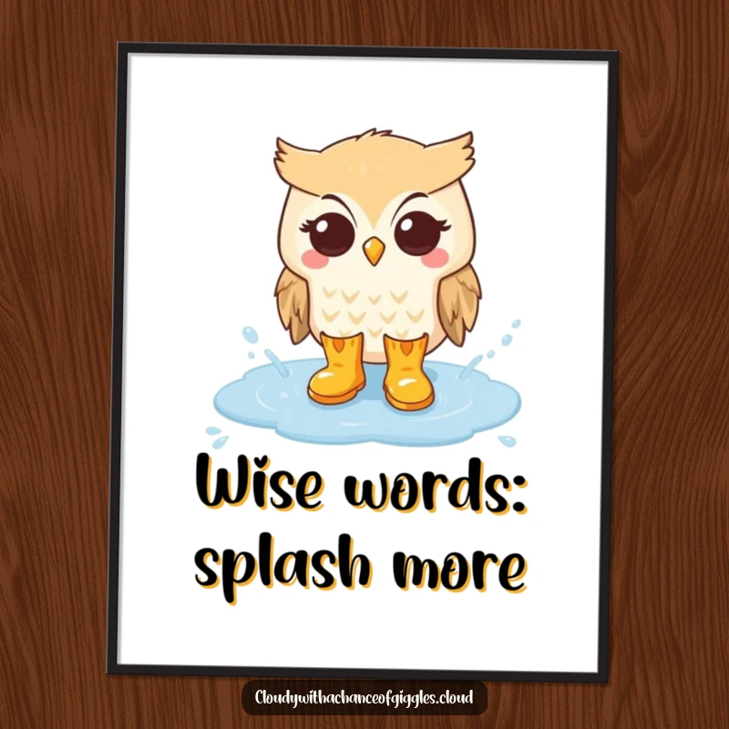 Funny Free Printable Wall Art: A cute owl in tiny rain boots splashing joyfully in a cloud puddle, downloadable art with playful charm.