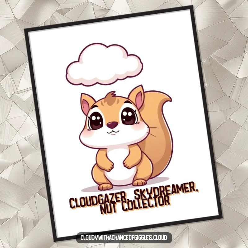 Funny Free Printable Wall Art: A squirrel with enormous, curious eyes stares upwards at a whimsical, questioning cloud formation.