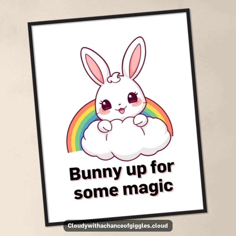 Funny Free Printable Wall Art: Cheerful bunny peeks from a puffy cloud, holding a vibrant rainbow, spreading wonder.