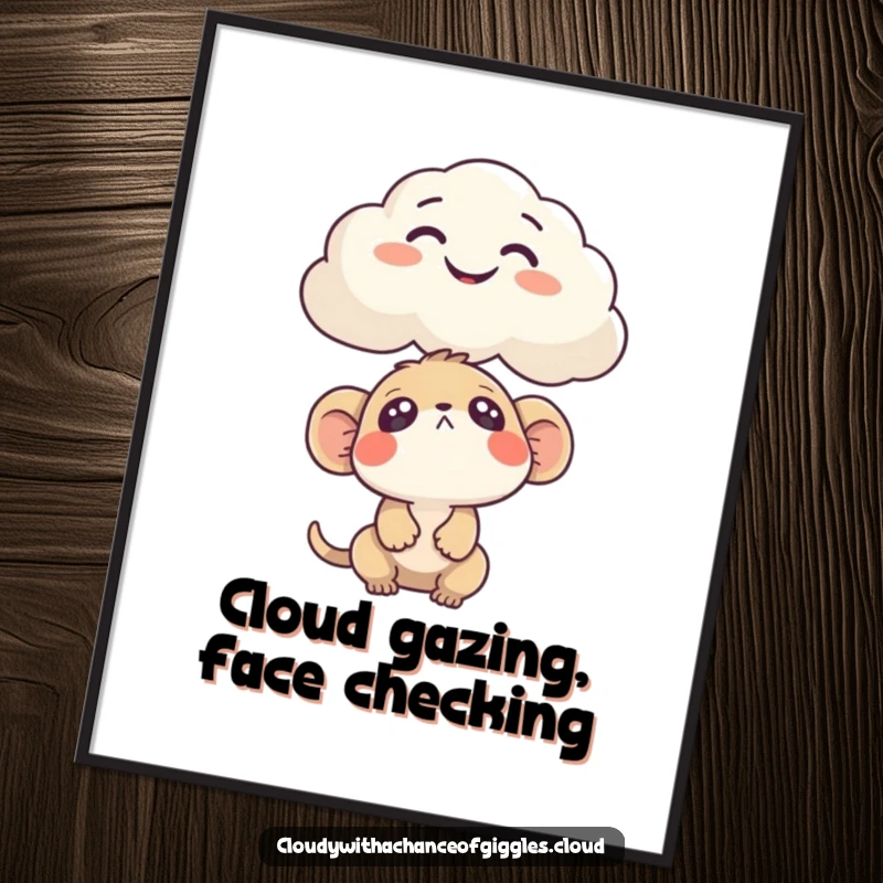 Funny Free Printable Wall Art: Curious creature looking up at a cloud shaped like a funny face, whimsical and humorous downloadable art.