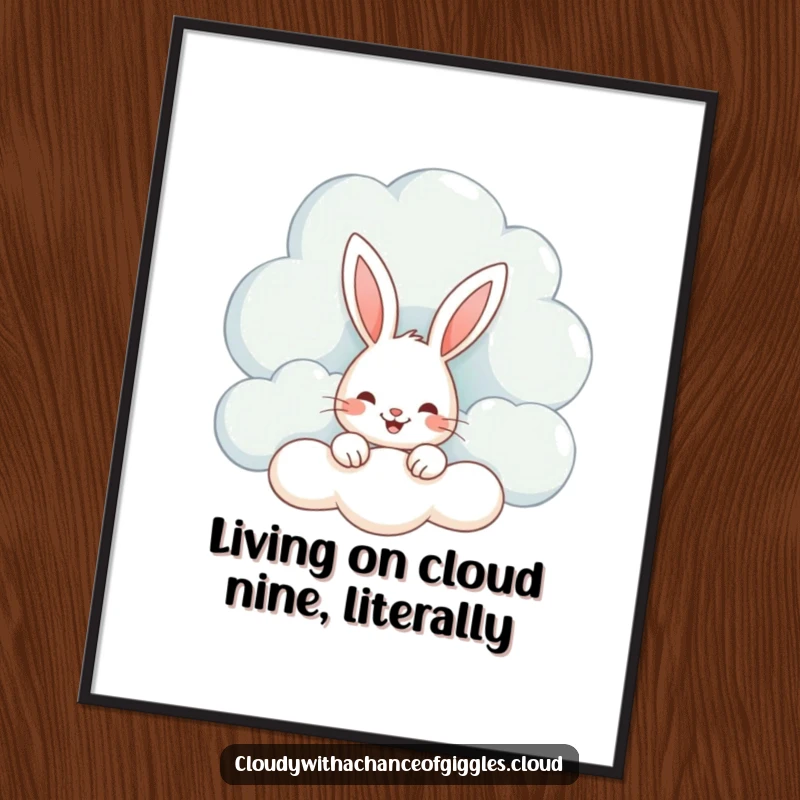Funny Free Printable Wall Art: Whimsical bunny with a big smile peeking from behind a fluffy, dream-like cloud.