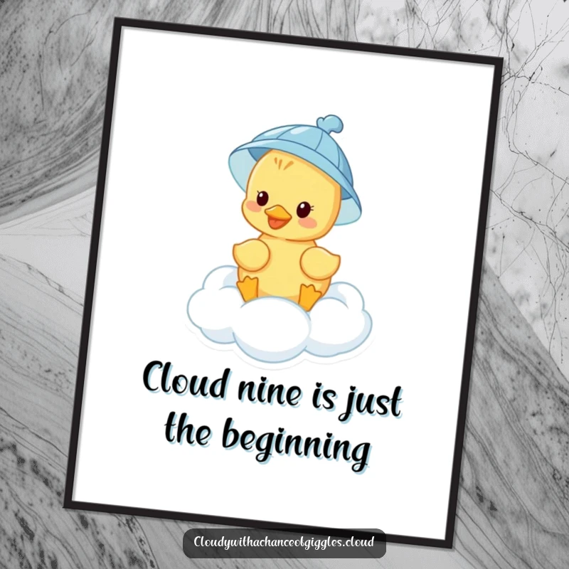Funny Free Printable Wall Art: A happy duckling in a tiny rain hat floats on a whimsical cloud, bringing joy to any room.