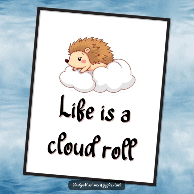 Funny Free Printable Wall Art: A cheerful hedgehog rolling down a soft cloud, depicted with vibrant colors and joyful energy.