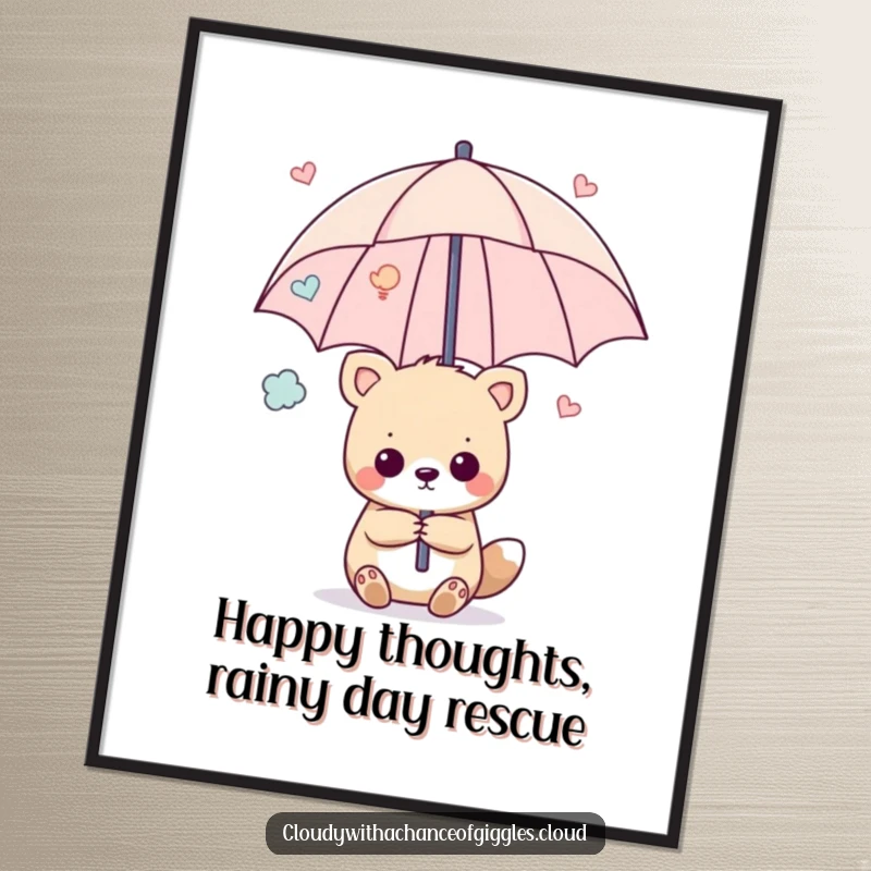 Funny Free Printable Wall Art: A delightful animal character holding an umbrella made entirely of colorful, floating happy thoughts.