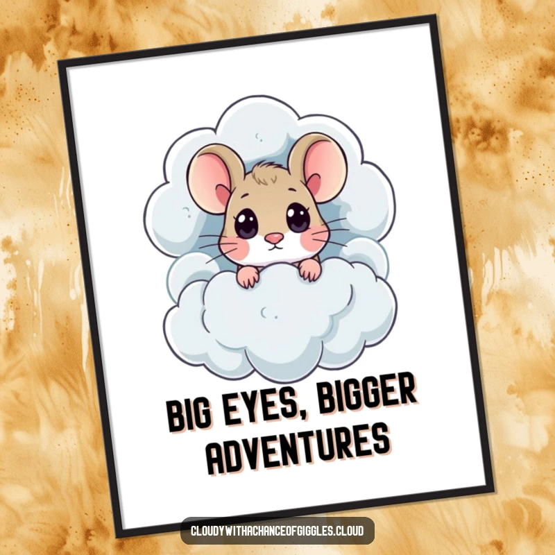 Funny Free Printable Wall Art: A curious mouse with big eyes peeks out from a dramatic thundercloud, creating a whimsical scene.