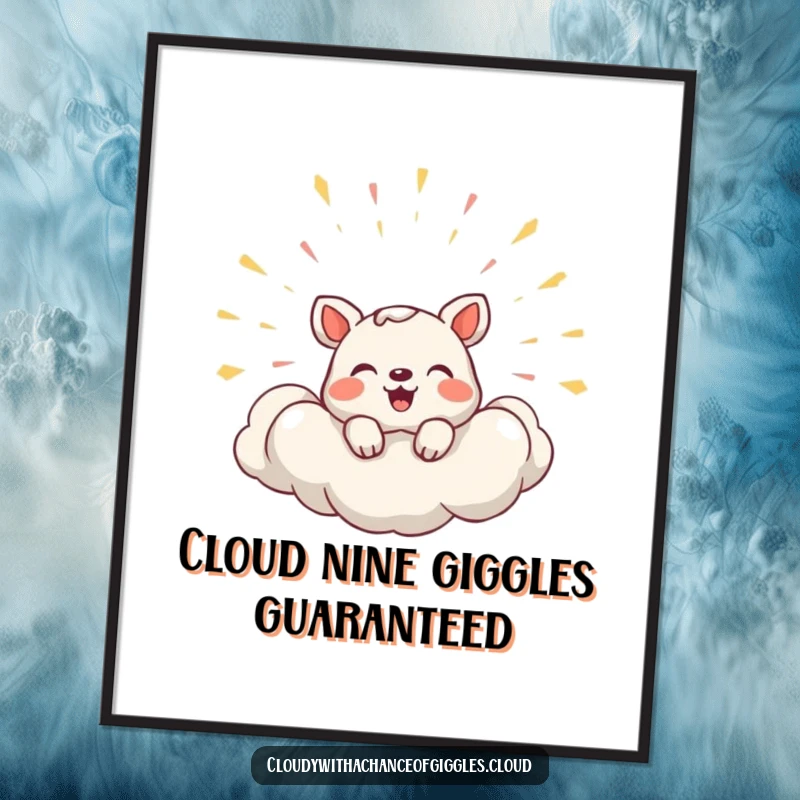Funny free printable wall art depicting a shy animal cautiously peeking from a cloud that is joyfully bursting with laughter.