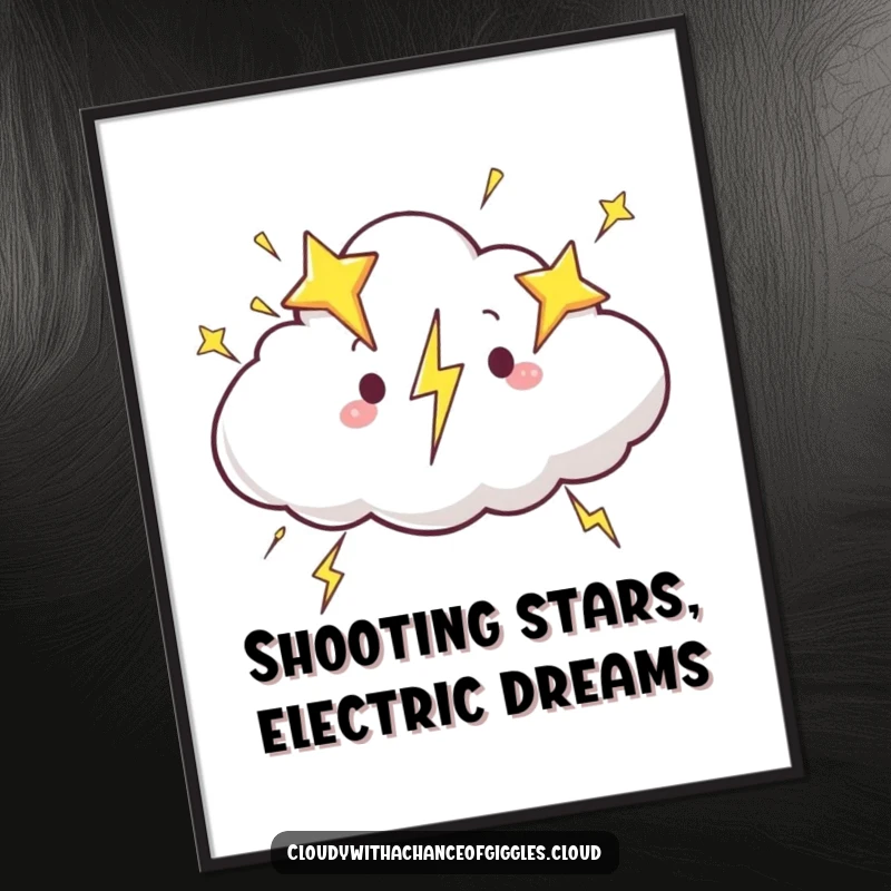 Funny Free Printable Wall Art: A happy cloud zooming through the sky, trailing star-shaped lightning bolts.