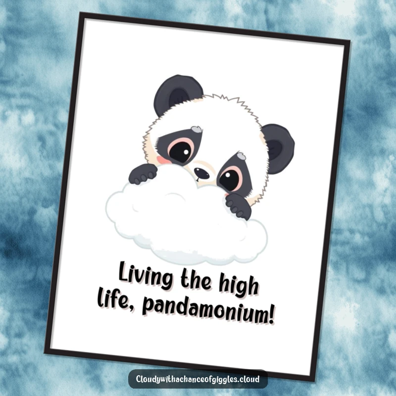 Funny Free Printable Wall Art with a curious panda cub peeking wide-eyed over the edge of a cloud.
