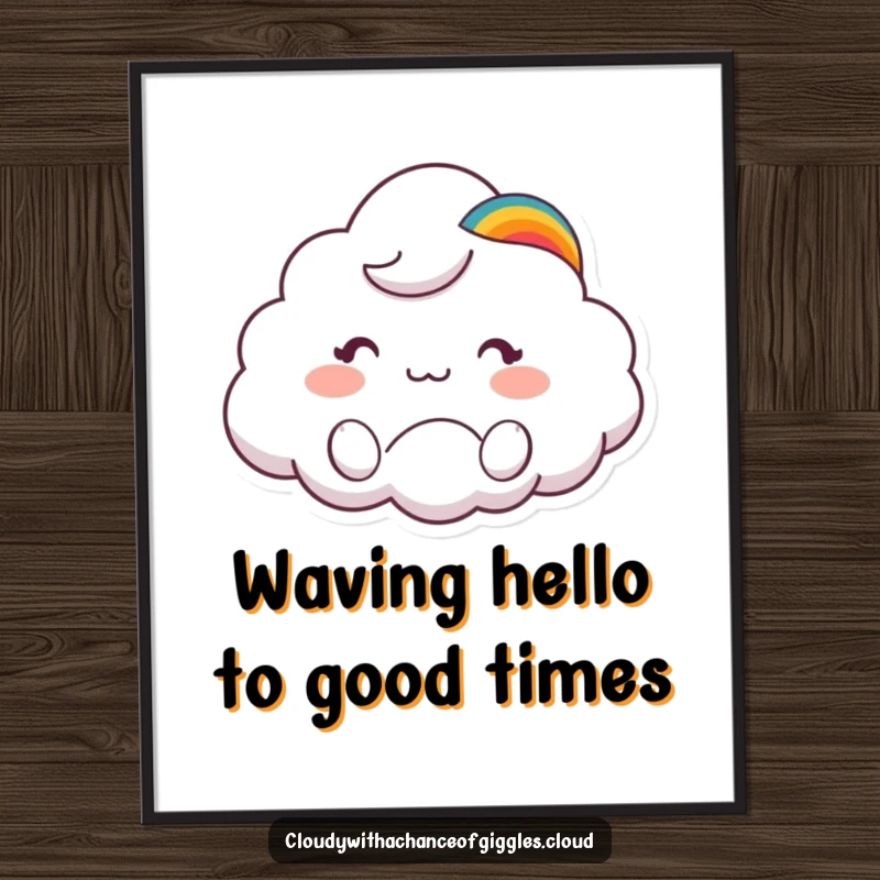Funny Free Printable Wall Art: Cute cloud animal character wearing a colorful rainbow hat waves energetically.