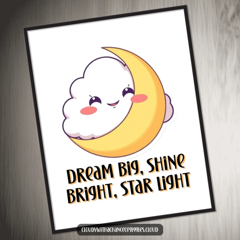 Funny Free Printable Wall Art: A cloud with a mischievous grin peeks from behind a crescent moon, adding humor.