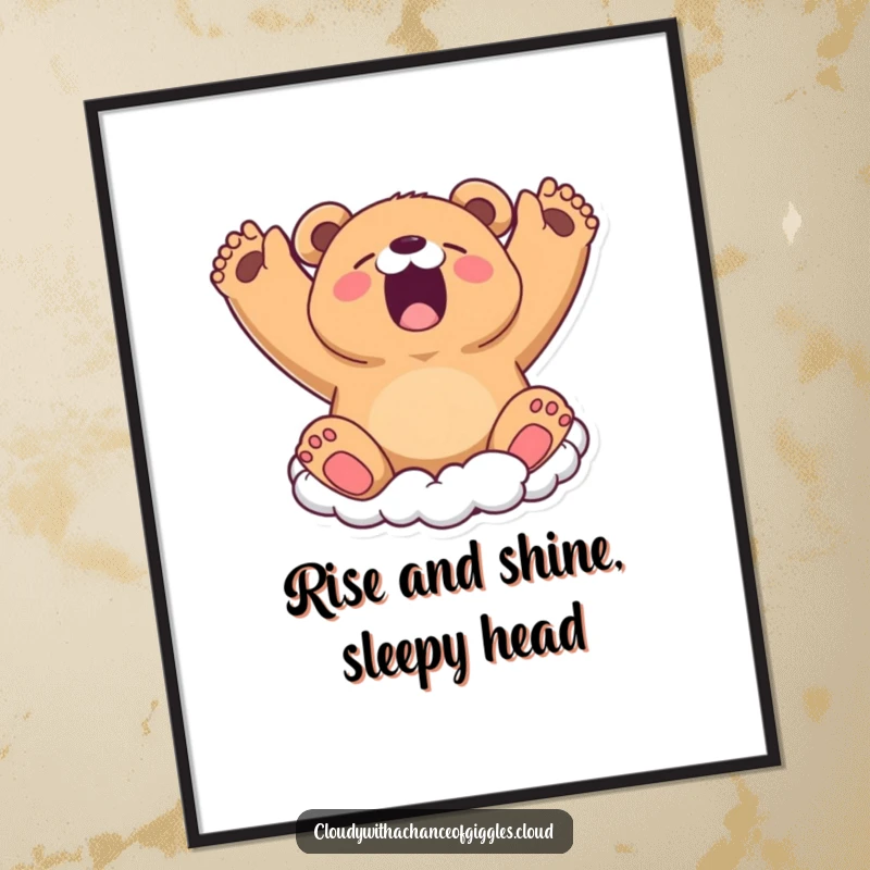 Funny Free Printable Wall Art: A little bear cloud yawns widely, stretching its cloudy arms upwards.