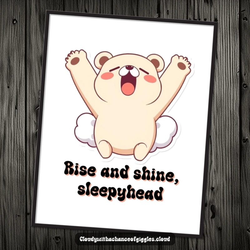 Funny Free Printable Wall Art: A little bear cloud yawns widely, stretching its cloudy arms upwards, cozy and peaceful decor.
