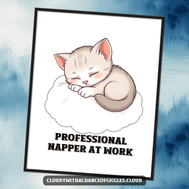 Funny Free Printable Wall Art: A sleepy kitten curled up on a fluffy cloud, enjoying a serene nap.