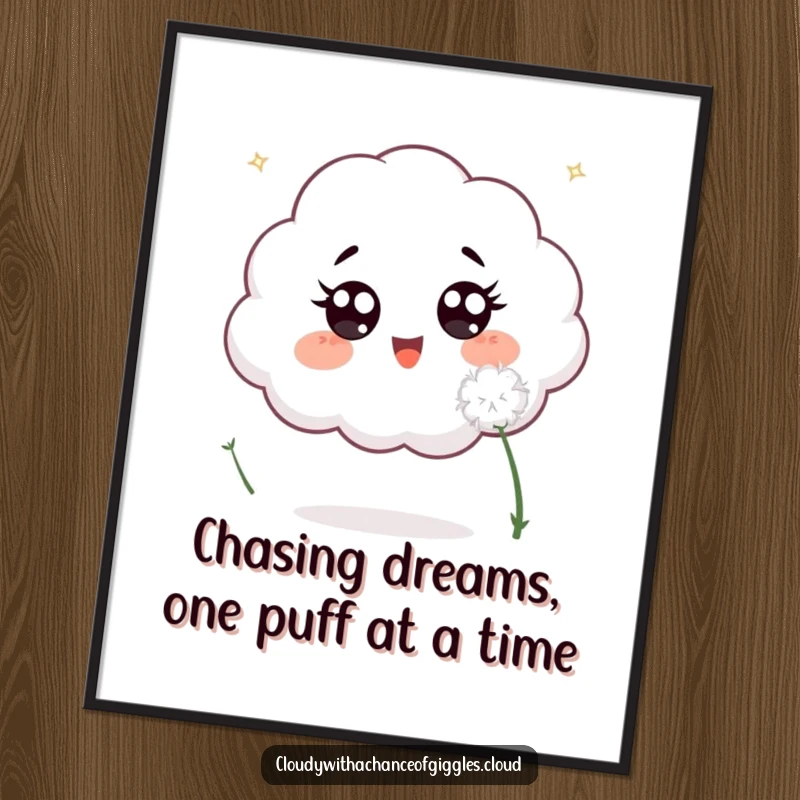 Funny Free Printable Wall Art: An excited cloud with wide eyes joyfully chases a fluffy white dandelion seed, playful decor.