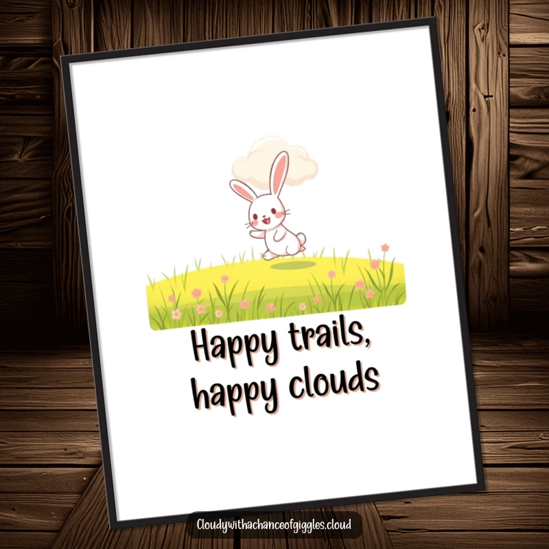 Funny Free Printable Wall Art: A happy rabbit joyfully hopping through a sunny field under a whimsical, smiling cloud.