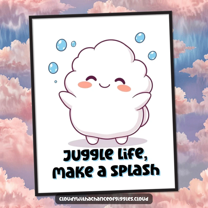 Funny Free Printable Wall Art: Energetic cloud animal character gleefully juggles small raindrops with a wide, joyful grin.