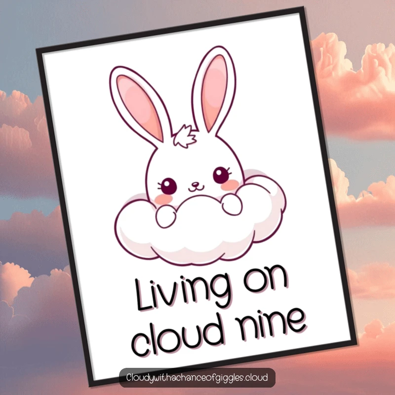 Funny Free Printable Wall Art: A cute kawaii bunny peeking from behind a plump, smiling cloud, radiating happiness.