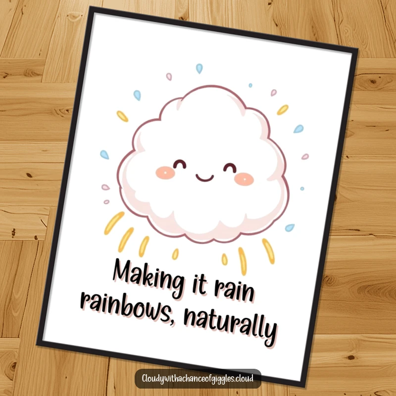 Funny Free Printable Wall Art: Fluffy cloud character sprinkling rainbow raindrops, whimsical downloadable art.