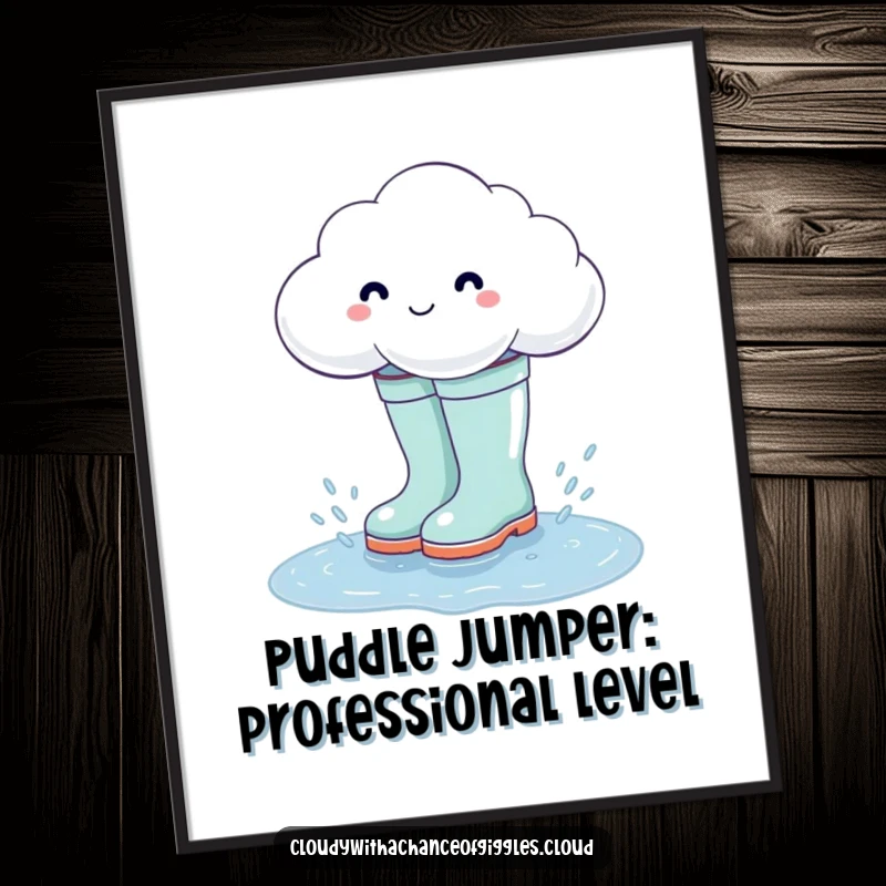 Funny Free Printable Wall Art: Adorable Cloud Wearing Giant Rain Boots Joyfully Splashing in a Puddle, Whimsical Decor!
