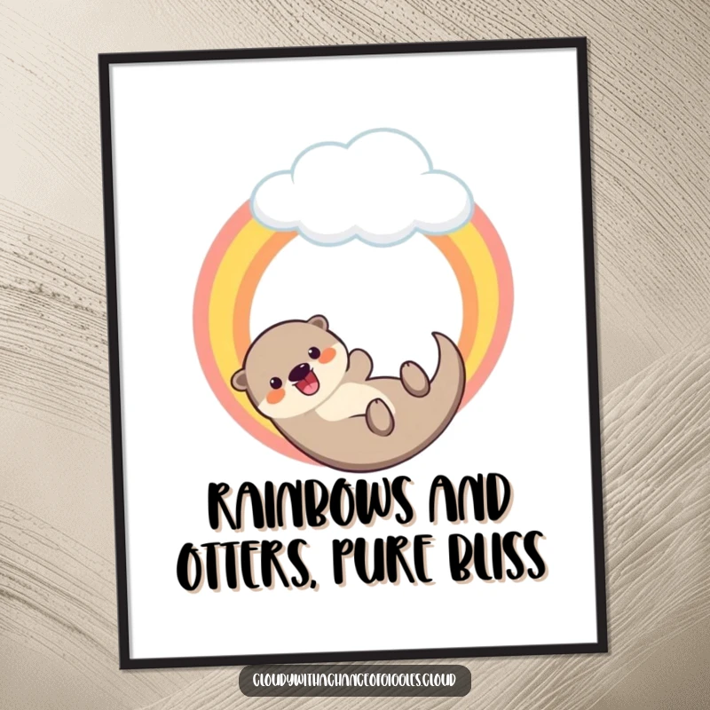 Funny Free Printable Wall Art: A happy otter sliding down a vibrant rainbow from a cloud, downloadable art full of playful joy.