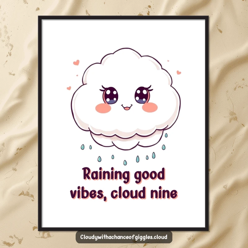 Funny Free Printable Wall Art: Fluffy cloud character with wide eyes playfully raining tiny smiles, whimsical and joyful downloadable art.