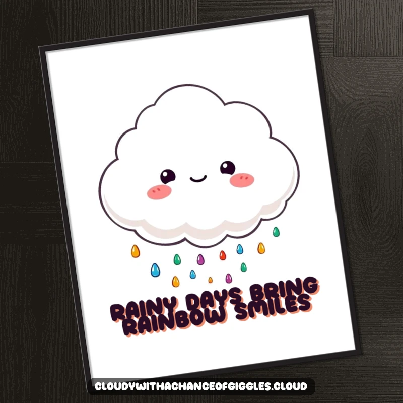 Funny Free Printable Wall Art: A fluffy cloud character joyfully rains colorful tiny raindrops, creating a whimsical and vibrant display.