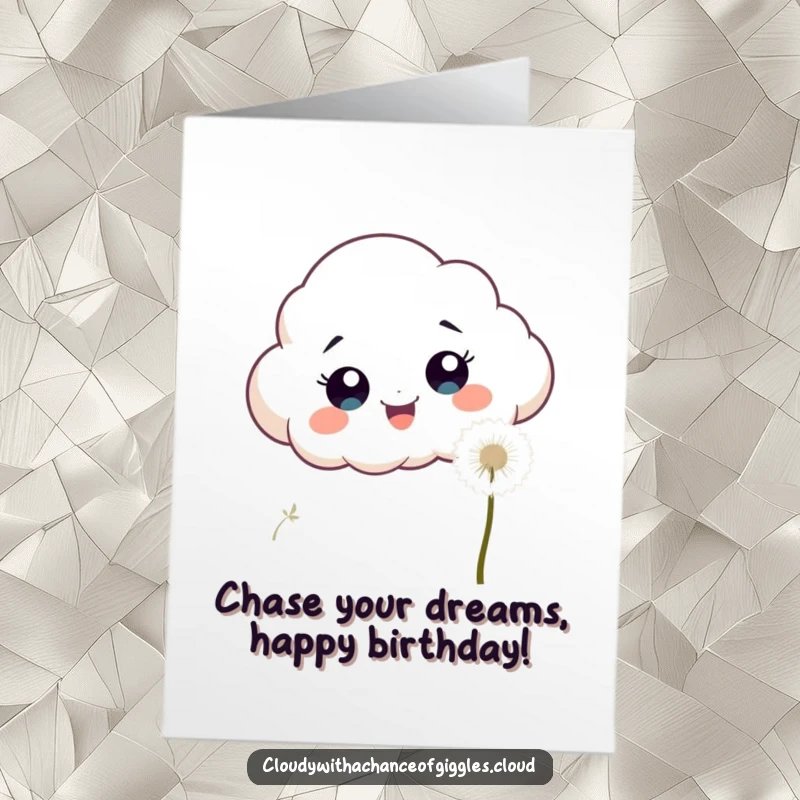 Funny Free Printable Birthday Card: An excited cloud with wide eyes eagerly chasing a fluffy white dandelion seed.