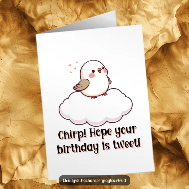 Free Printable Birthday Card: A tiny bird chirps merrily on a gently drifting cloud, sending birthday joy.