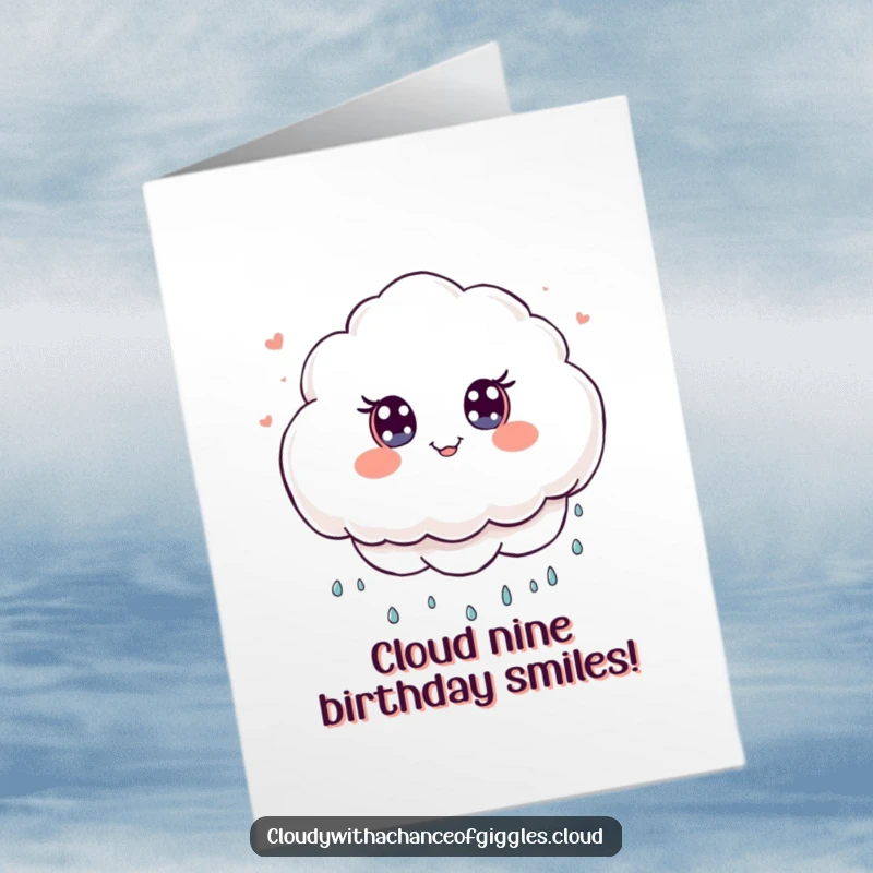 Funny Free Printable Birthday Card: Fluffy cloud character with wide eyes raining tiny smiles, joyful and whimsical, downloadable.