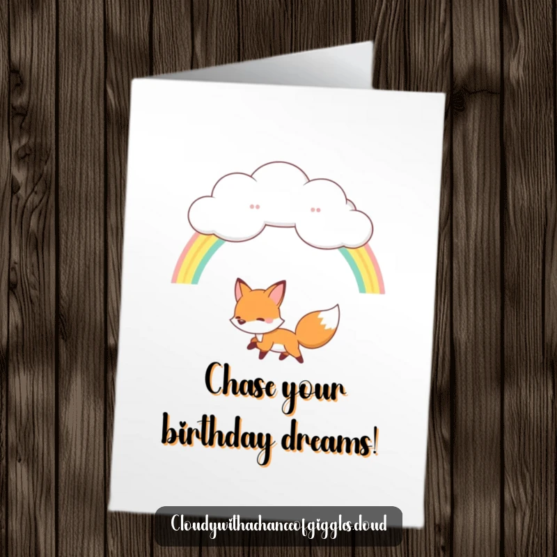 Funny Free Printable Birthday Card: A happy fox enthusiastically chasing a bright rainbow from a fluffy cloud.