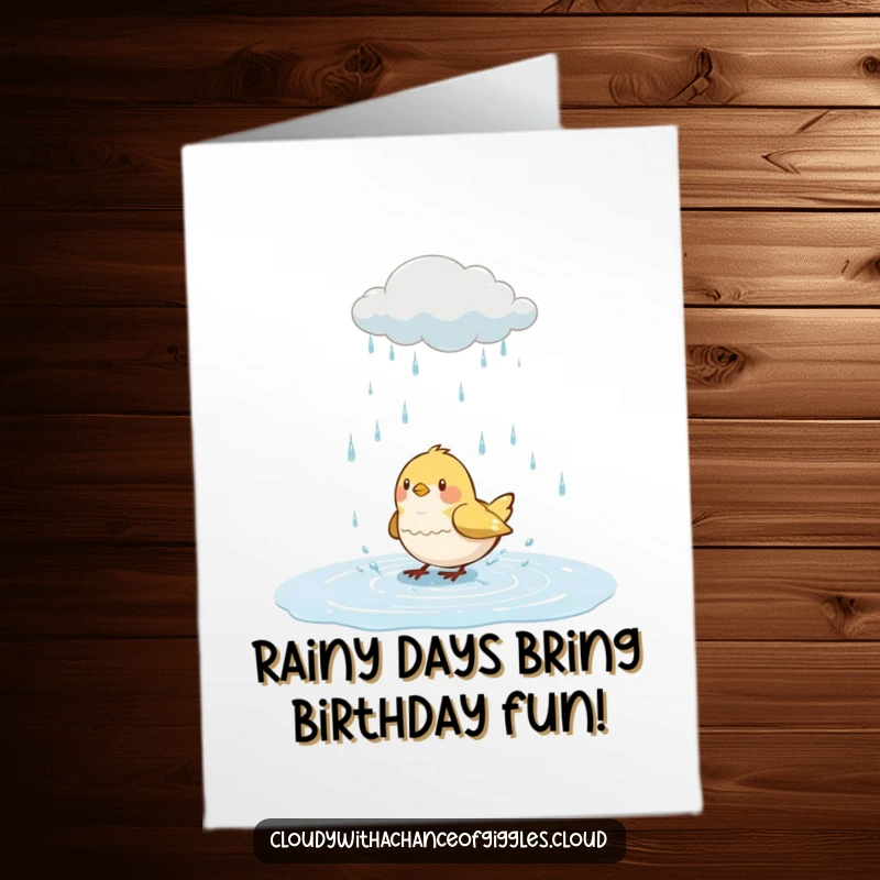 Funny Free Printable Birthday Card: A cheerful bird gleefully splashing in a puddle under a rain cloud, spreading joy.