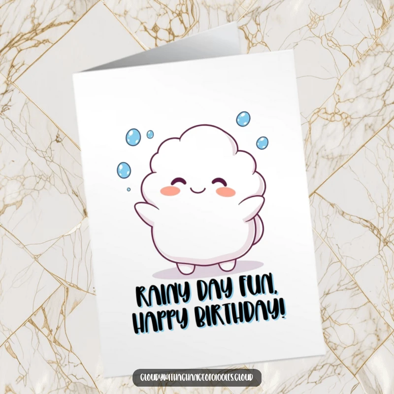 Funny Free Printable Birthday Card: Plump cloud animal happily juggles raindrops, celebrating with a wide grin.