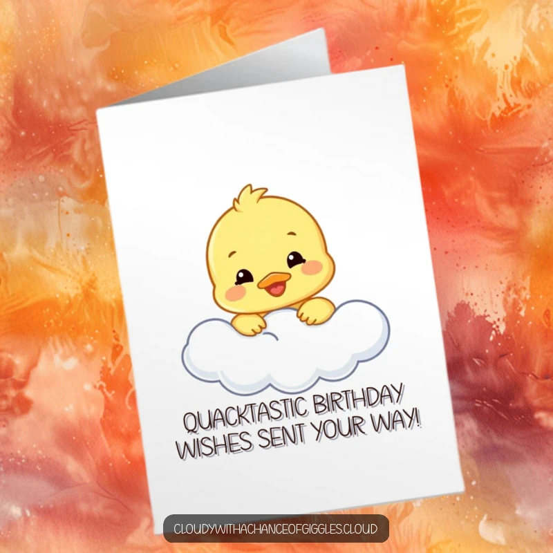 Funny Free Printable Birthday Card with a smiling duckling peeking from a cloud.