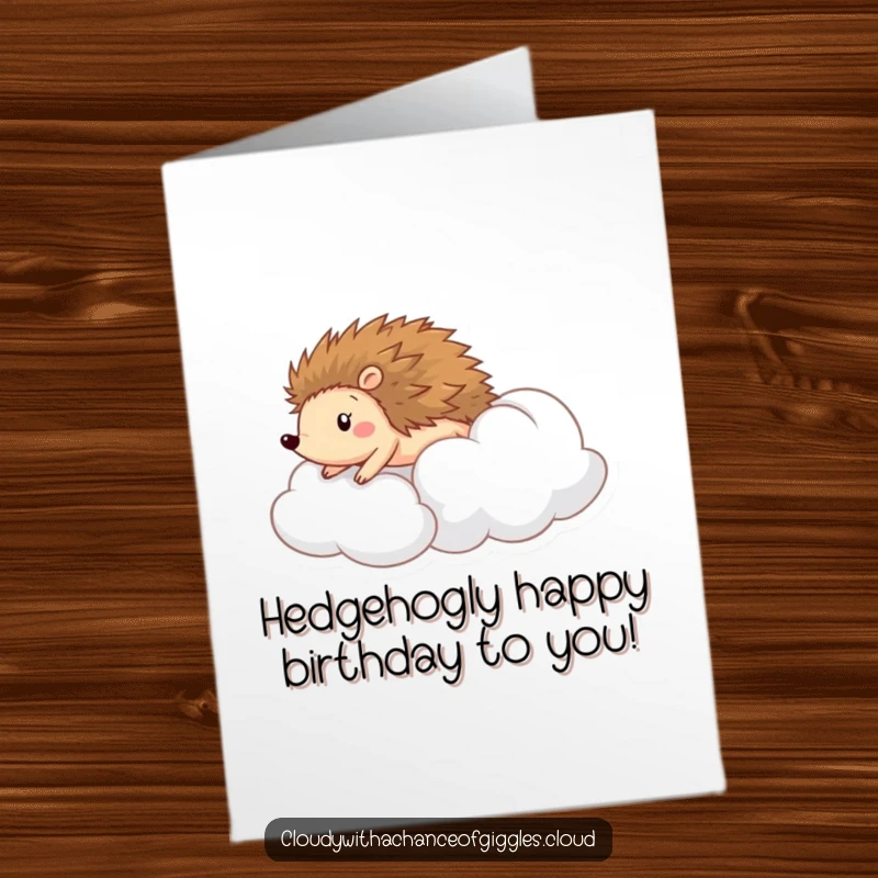 Funny Free Printable Birthday Card: Happy hedgehog joyfully rolling down a cloud like a fluffy hill, spreading birthday cheer.