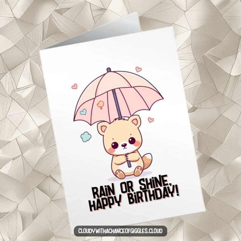 Funny Free Printable Birthday Card: A whimsical animal holding a colorful umbrella constructed entirely from floating happy thoughts.