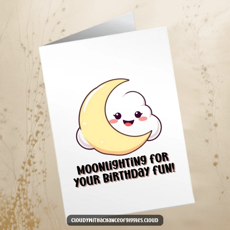 Funny Free Printable Birthday Card: Cloud with mischievous grin peeking from behind a crescent moon, a playful birthday surprise.