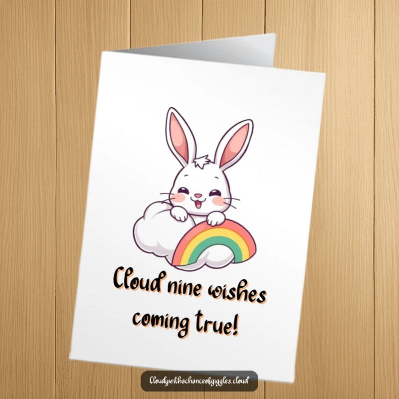 Funny free printable birthday card featuring a cheerful bunny peeking from a cloud, holding a vibrant rainbow.
