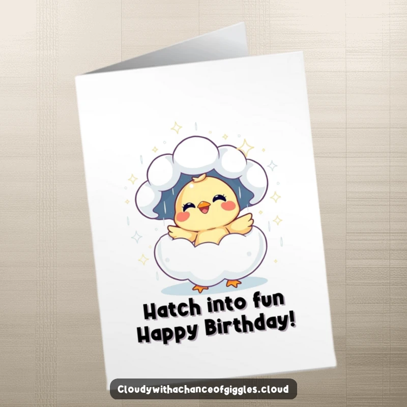 Funny Free Printable Birthday Card: A happy chick bursting from a sparkly, rain-filled cloud, celebrating with laughter.