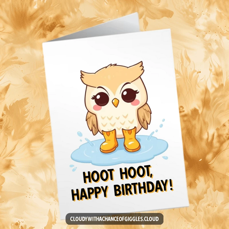 Funny Free Printable Birthday Card: An owl in tiny rain boots splashing in a cloud puddle, delivering downloadable birthday cheer and whimsy.