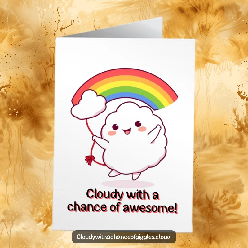 Funny Free Printable Birthday Card: Cute cloud character gleefully jumping rope with a vibrant rainbow.