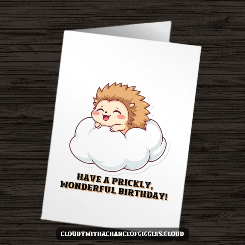 Funny Free Printable Birthday Card with a happy hedgehog rolling down a cloud with eyes closed.