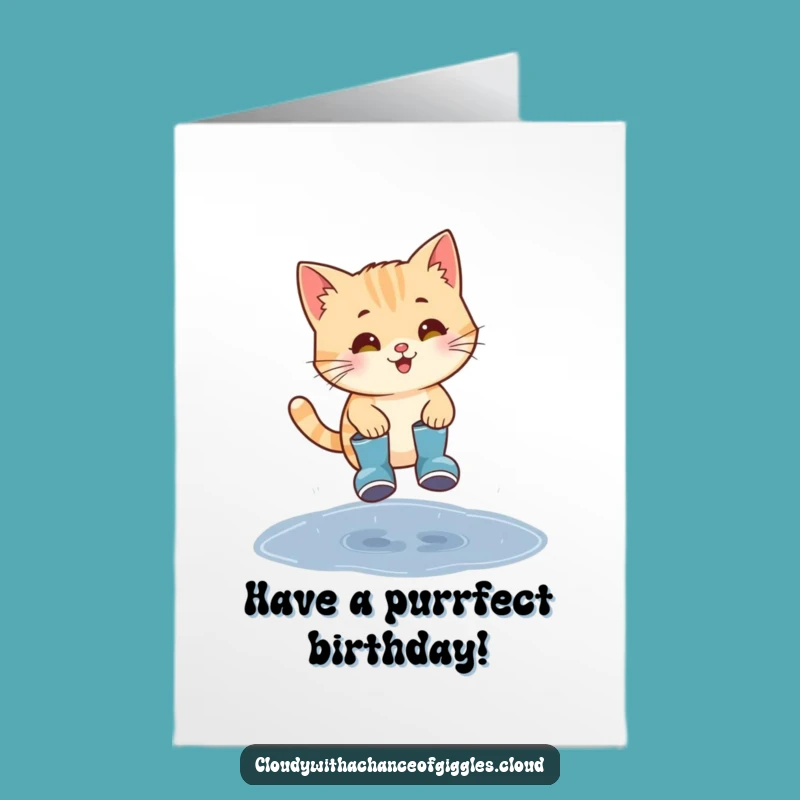 Free Printable Cat Birthday Card - Funny Rain Boots Jump Downloadable Gift
