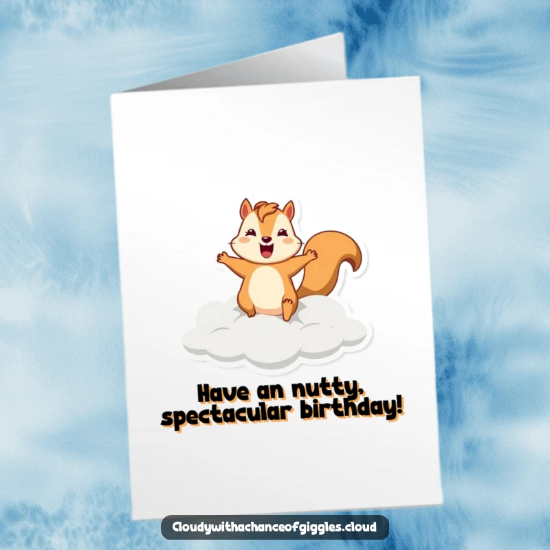 Funny Free Printable Birthday Card with a silly squirrel leaping from a grey cloud with a grin.