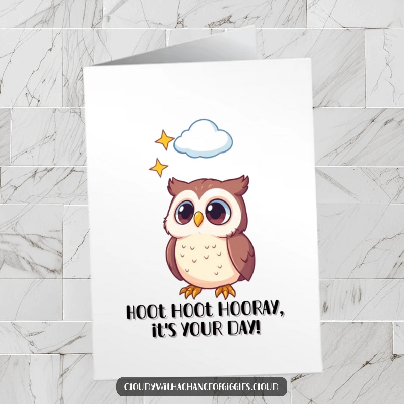 Funny Free Printable Birthday Card featuring a curious little owl gazing at a cloud filled with stars, perfect for gifting.