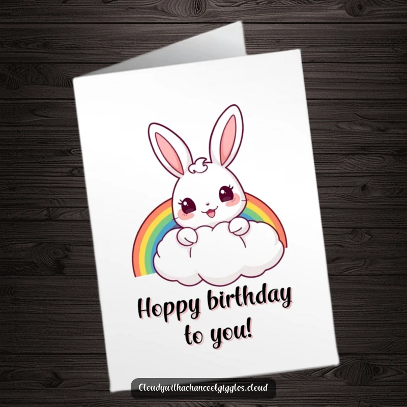 Funny Free Printable Birthday Card: Cheerful bunny peeks from a cloud holding a rainbow, delivering birthday joy and magic.