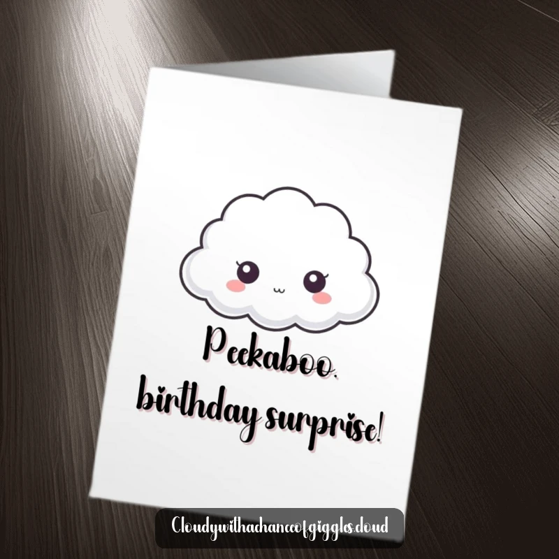Funny Free Printable Birthday Card: A tiny cloud with large, curious eyes peeking from behind a bigger cloud.