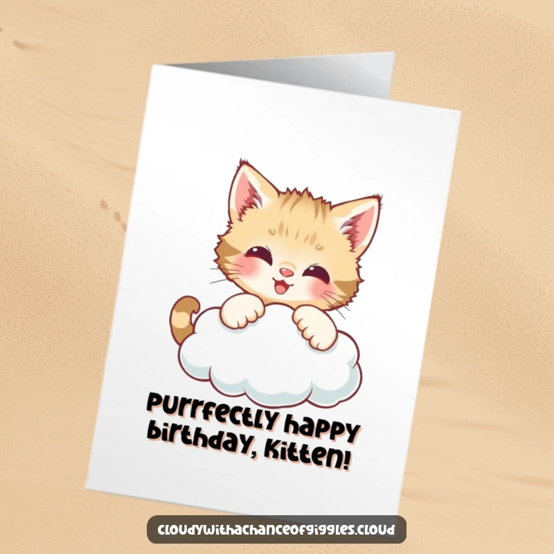 Funny Free Printable Birthday Card: A curious kitten playfully batting at a smiling cloud, a delightful scene for downloadable birthday wishes.