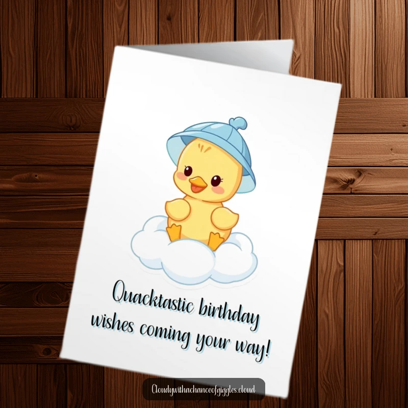Funny Free Printable Birthday Card featuring a happy duckling in a rain hat floating on a cloud, ready to deliver birthday wishes.