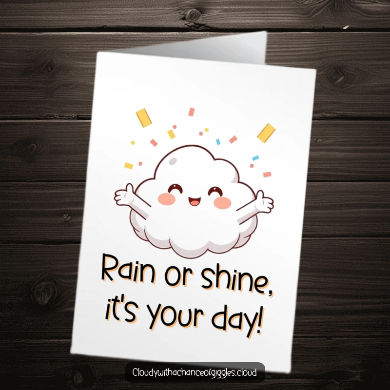 Funny Free Printable Birthday Card: Smiling cloud joyfully catching colorful confetti in outstretched arms.